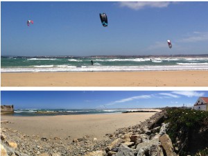 collage showing pictures of of kite surfers at Gamboa surf spot close to Peniche in Portugal