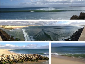 collage showing pictures of waves at Molhe Leste surf spot close to Peniche in Portugal