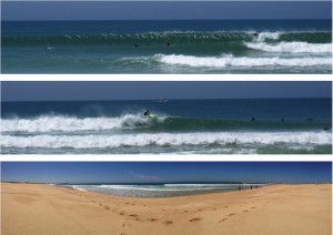 collage showing pictures of beach and waves at supertubos surf spot close to Peniche in Portugal