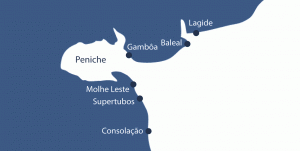 map of surf spots surrounding Peniche in Portugal